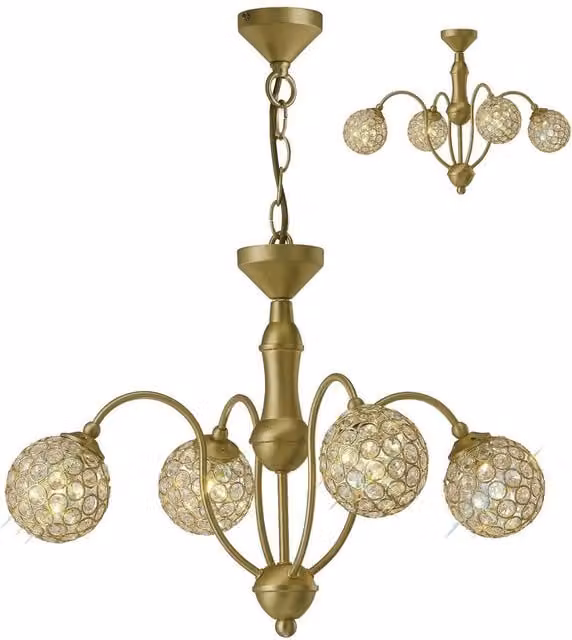 Apollo 4 Light Semi Flush Ceiling Pendant in Satin Brass and Crystal
