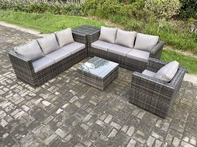 Fimous 7 Seater L-Shape Rattan Garden Furniture Set in Dark Grey with Armchairs, 3 Seater Sofa, Coffee Table and Side Table