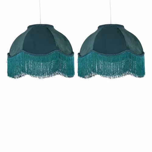 First Choice Lighting Set of 2 Round Vintage Green Velvet Fringed Easy Fit Pendant or Lamp Shades – 4