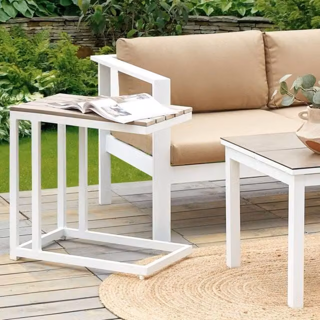 Wyld and Coco Garden Side Table with Brown Wood Effect Plastic Top and White Powder Coated Aluminium Base