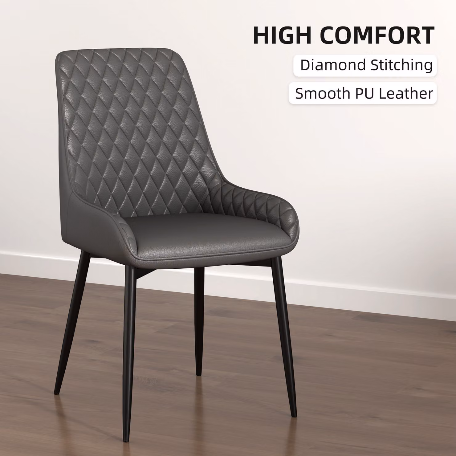 HOMCOM Set of 4 Modern Quilted PU Leather Dining Chairs with Metal Frame in Grey – 4