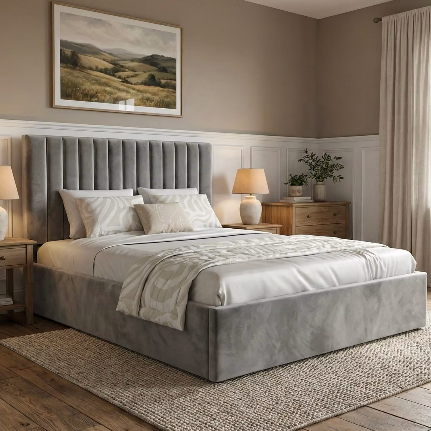 DHS Vertical Line Ottoman Storage Bed Frame in Grey Velvet, Small Double (4ft), 120 x 200 cm