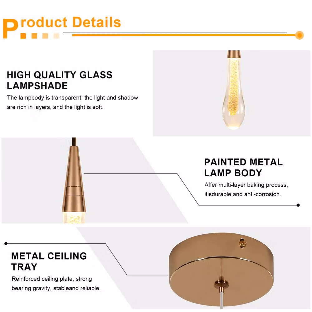 Pheashine Elegant Glass Pendant Light Chandelier in Gold with Warm White LED, W/D/H: 37 x 6 x 6 cm – 3