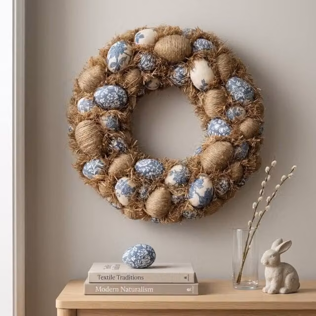 Garden Greatness Multicolour Fabric and Straw Easter Wreath with Floral Egg Decorations