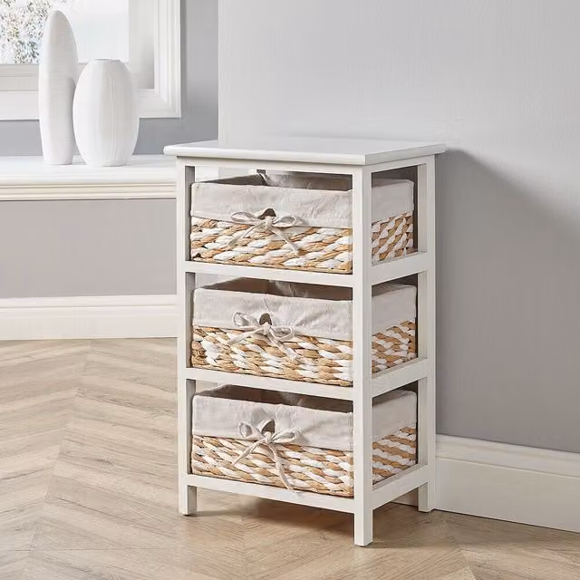 Home Source White Wooden Storage Chest with 3 Wicker Basket Drawers