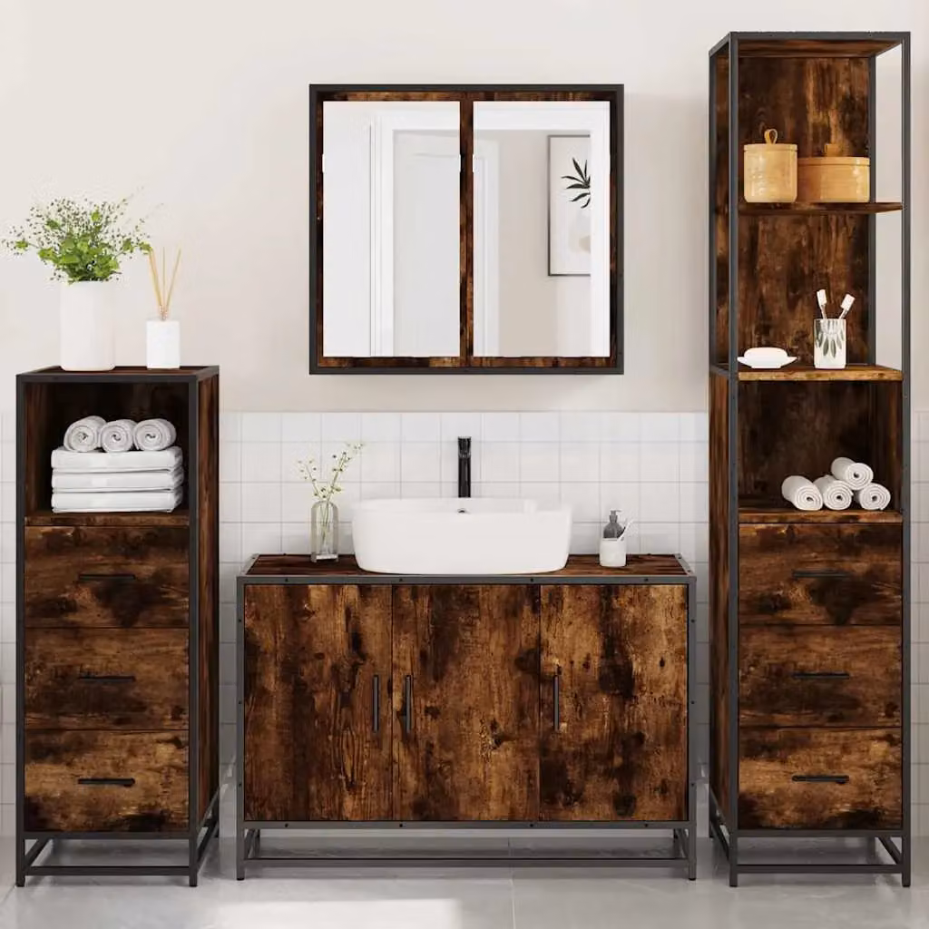 Berkfield Home 4-Piece Industrial Bathroom Furniture Set in Smoked Oak and Brown – 4