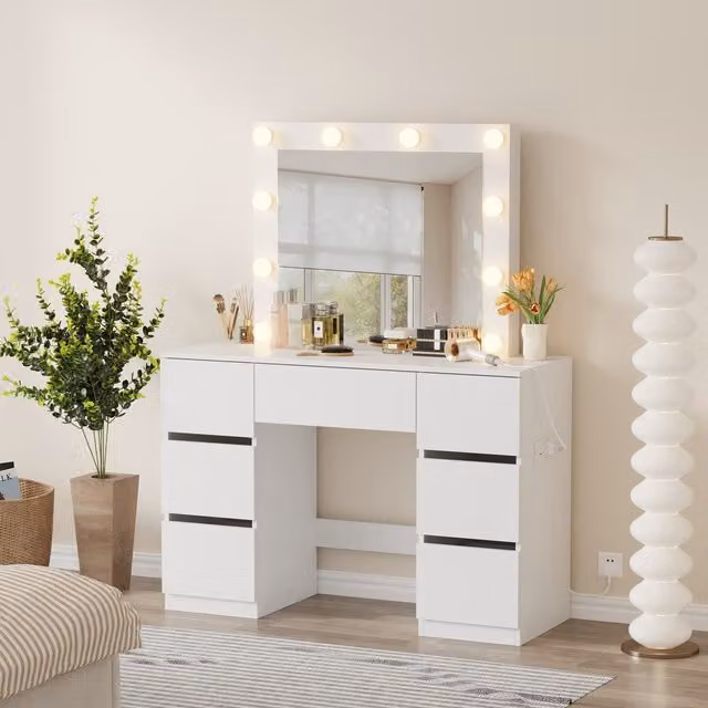 WestWood Modern White Dressing Table with LED Mirror, 7 Drawers and Charging Station, W: 110 cm, D: 39.5 cm, H: 140 cm