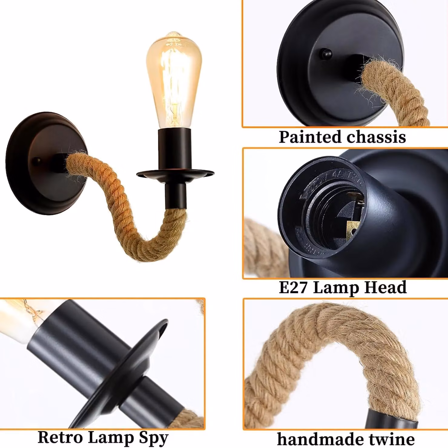 COMELY 2 Pack Industrial Wall Lamps in Black with Hemp Rope and E27 Retro Design – 5
