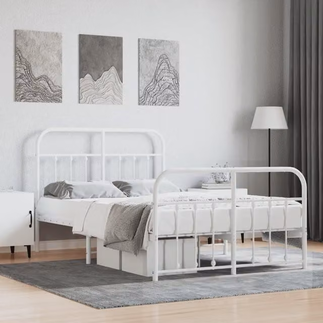 Berkfield Home Metal Bed Frame with Headboard and Footboard in White, W/D/H: 120 x 190 cm Small Double