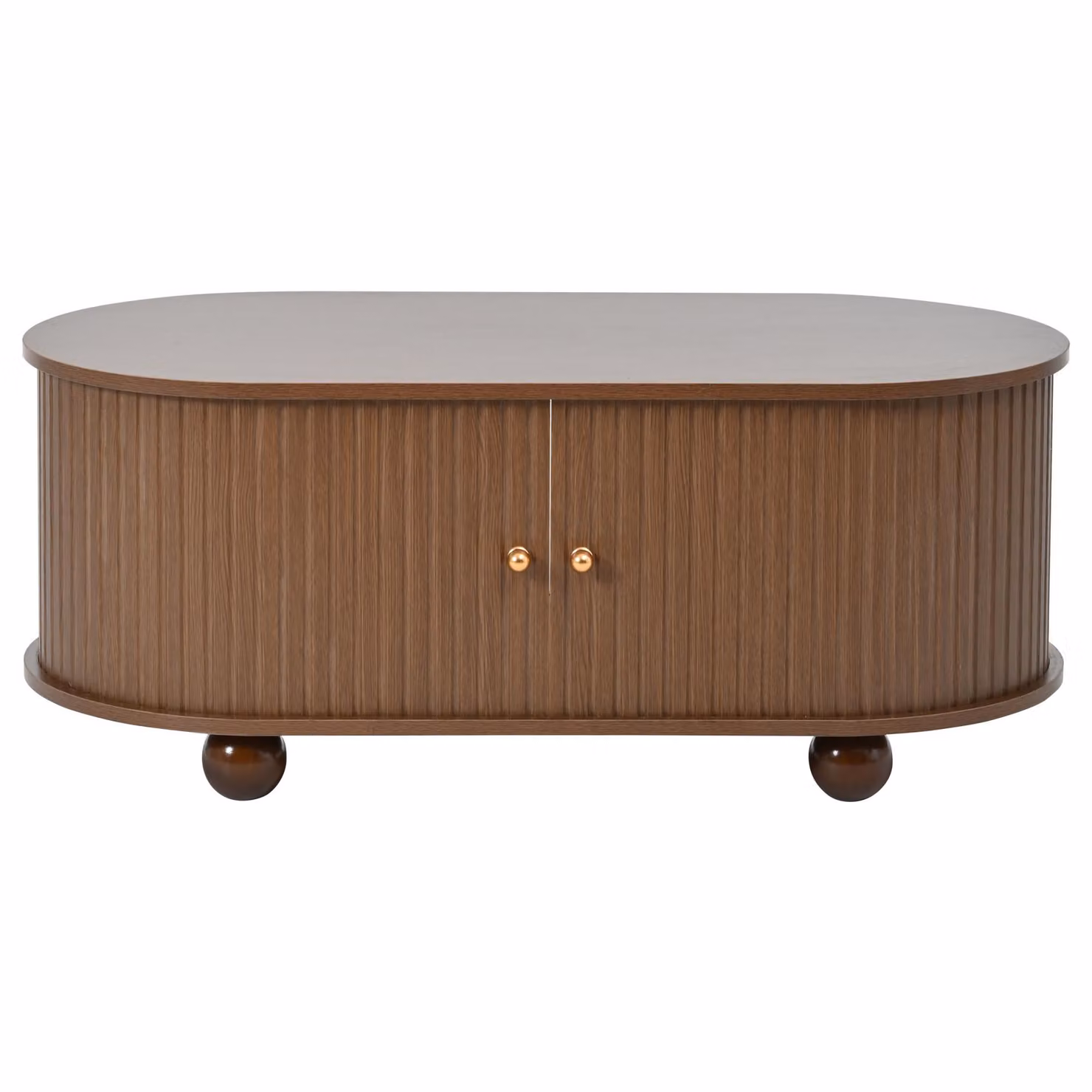 Aosom UK Oval Coffee Table with 2 Sliding Doors and Centre Compartment in Brown Oak, W: 100 cm, D: 50 cm, H: 40 cm – 2