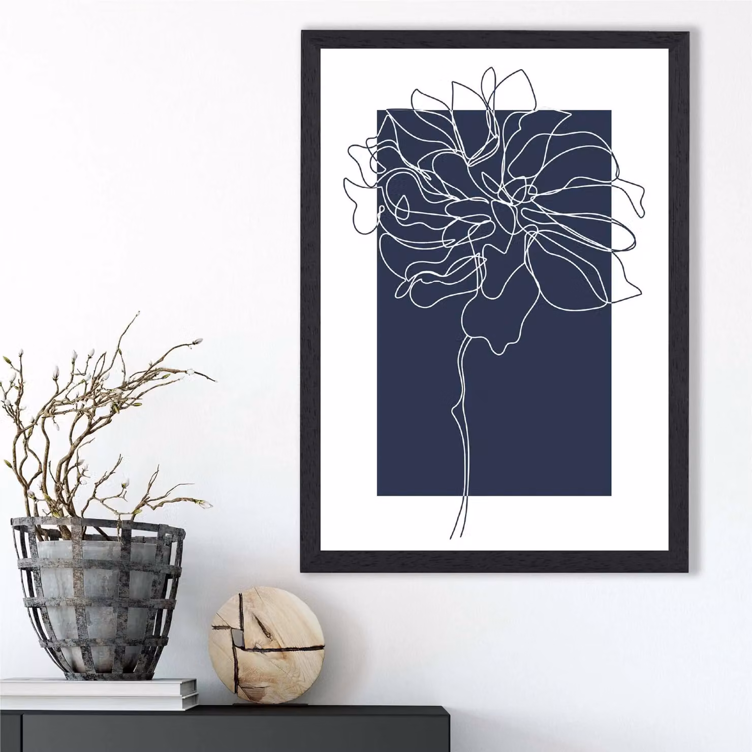 ARTZE Navy Blue and White Abstract Floral Line Art Framed Print with Black Frame – 2