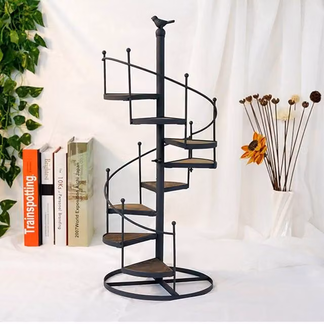 EONLION 8 Tier Metal and Wood Spiral Plant Stand in Matt Black