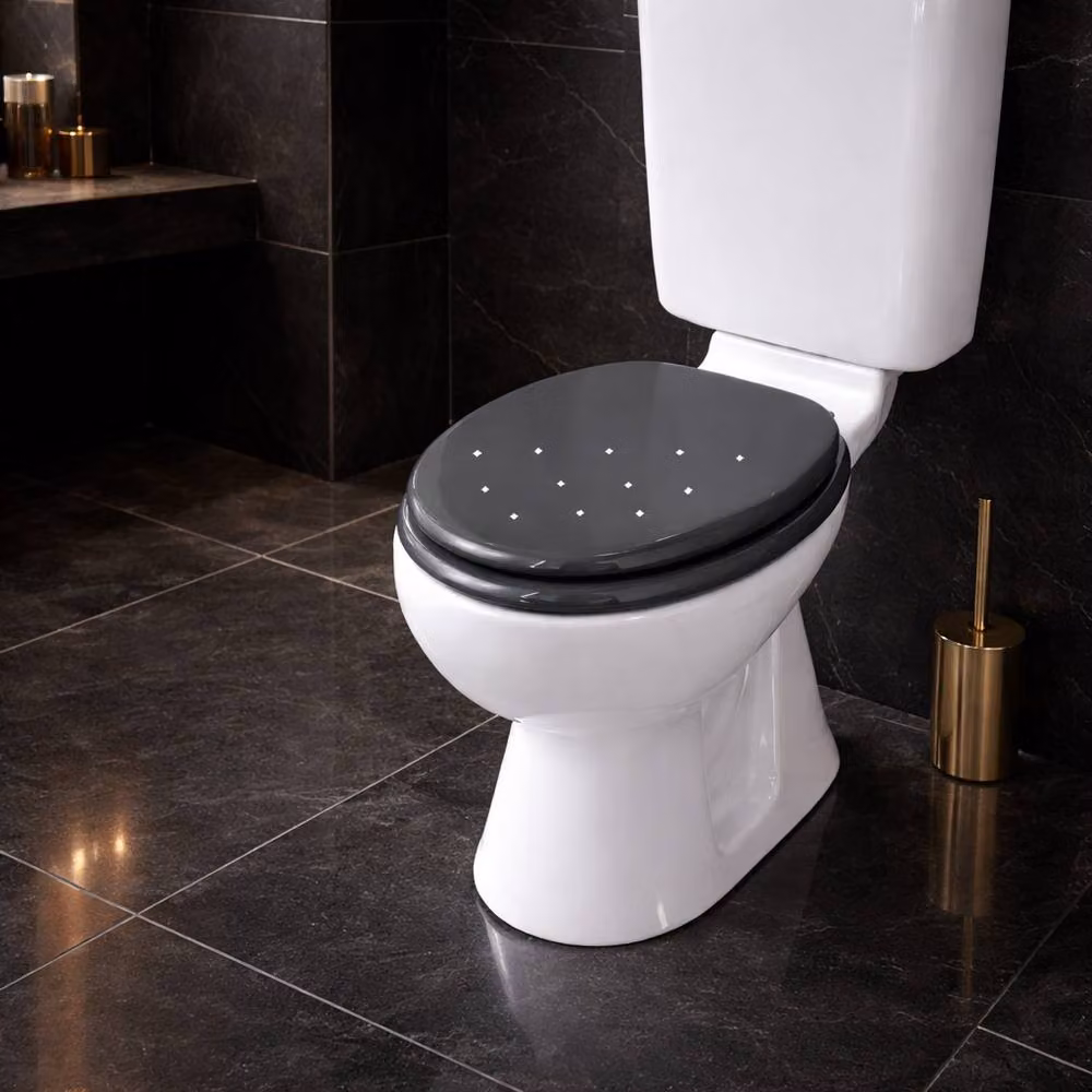 Spot On Dealz Black Diamante Round MDF Wooden Toilet Seat with Fixing Included – 4