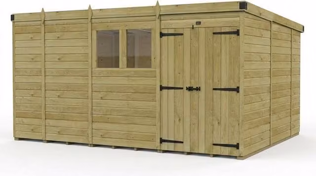 Buttercup Farm Brown Timber Pent Garden Shed with Double Doors and Windows, W: 305 cm, D: 305 cm, H: 210 cm – 1