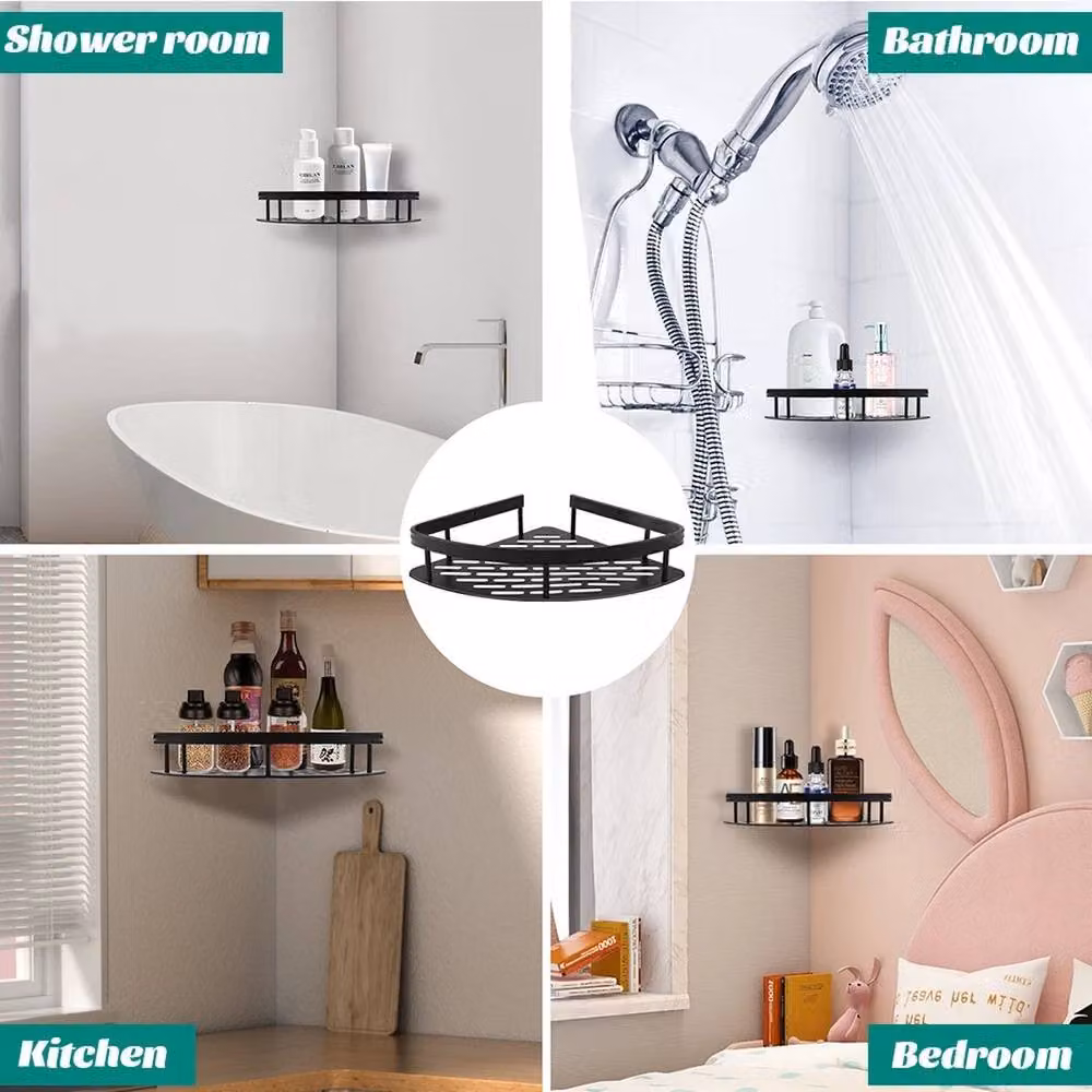 EONLION 2-Piece Black Corner Shower Rack and Bathroom Storage Organiser with Adhesive Mounting and Drainage Design – 5