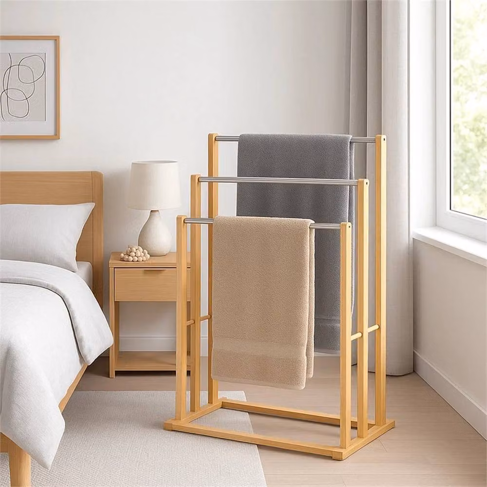Nordara 3 Tier Freestanding Towel Rail Holder in Bamboo and Steel with Metal Rods, Natural Brown – 2