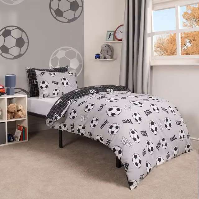 OHS Reversible Football Duvet Cover and Pillowcase Set for Kids in Grey, Single Size (90 x 200 cm)