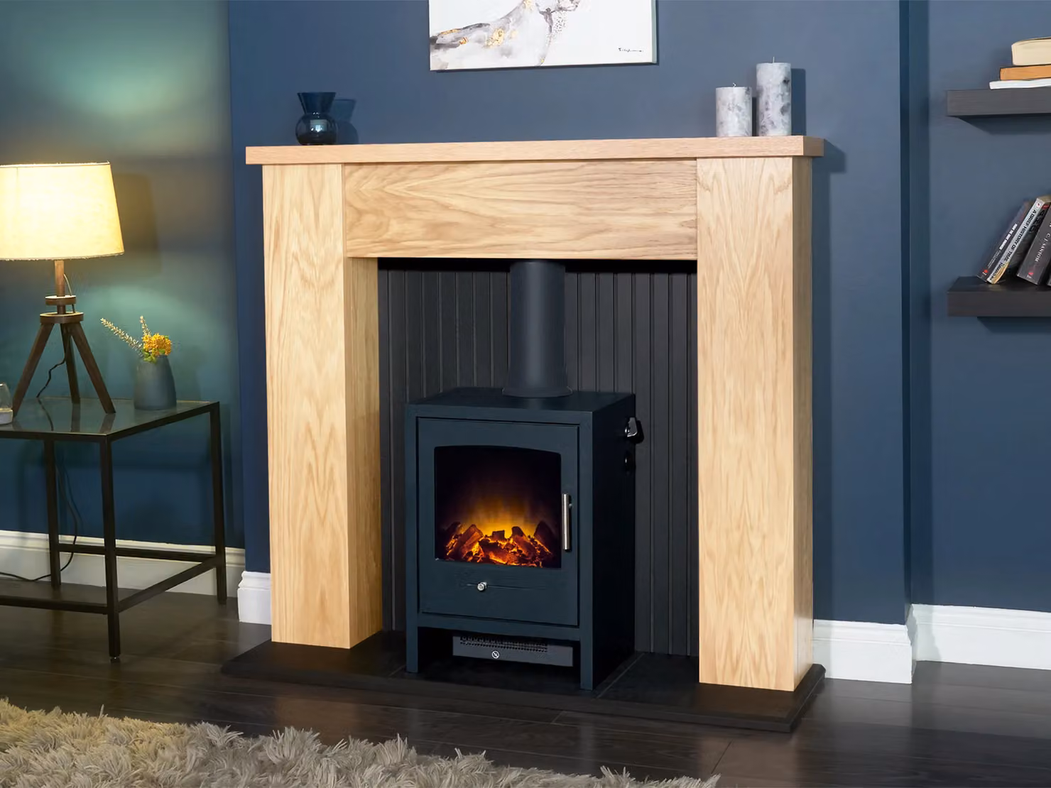 Adam Fires & Fireplaces New England Stove Fireplace in Oak and Black with Bergen Electric Stove in Charcoal Grey – 2