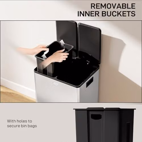 HOMCOM Dual Kitchen Pedal Bin with Soft Close Lids and Odour Filter, 2 x 28L, Silver Stainless Steel – 6