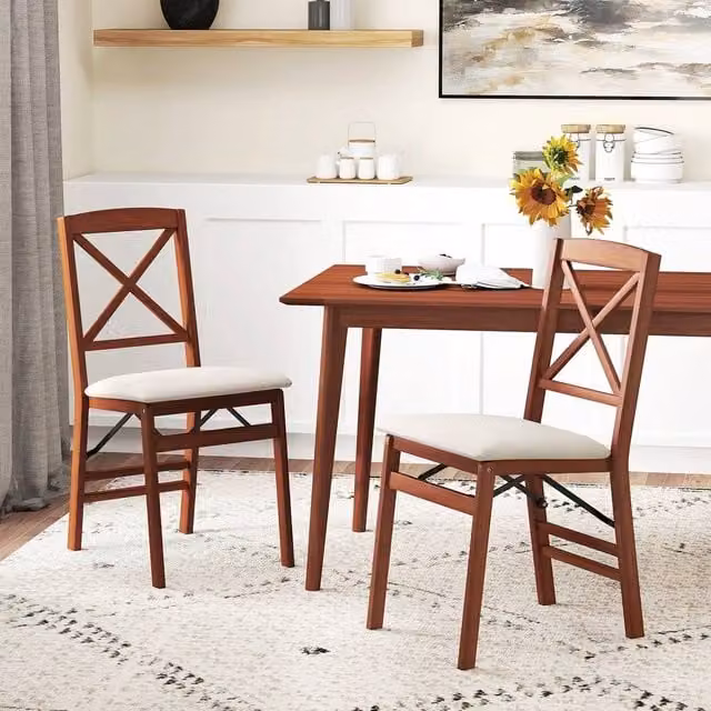 FORGEVIO Set of 2 Vintage Brown Rubberwood Folding Dining Side Chairs