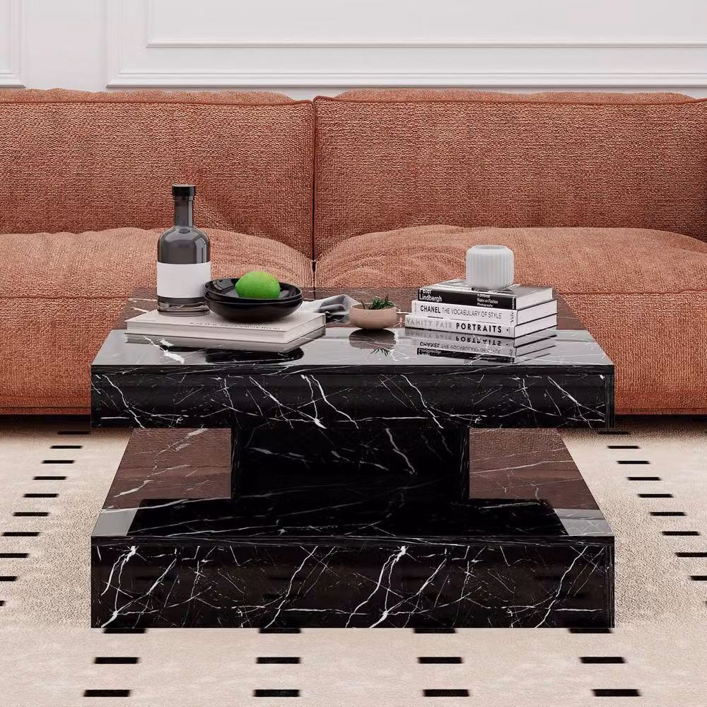 KEEPREAPER Modern Square Coffee Table with Storage and LED Light in Black Marble Finish – 3