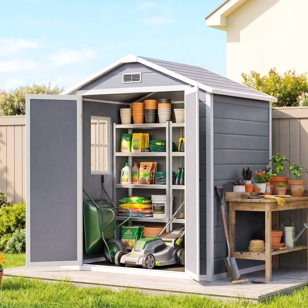STILVORA Grey Garden Storage Shed with Lockable Double Doors and Gable Roof – 3