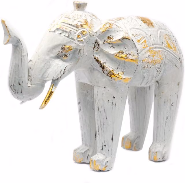 KDMD Wood Carved Elephant Tabletop Ornament in White, Gold and Turquoise