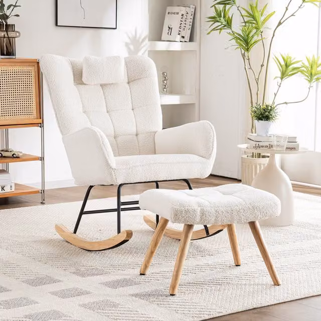 Aosom.UK White Bouclé High Back Ergonomic Recliner Rocking Chair with Footrest and Solid Wood Legs, W/D/H: 65 x 93 x 92 cm – 1