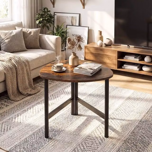 FORGEVIO Industrial Round Coffee Table in Brown with Metal and Wood Construction