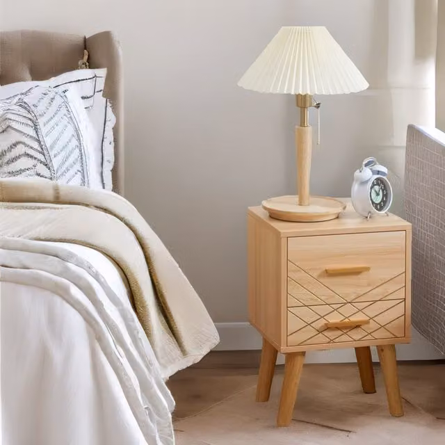 Rafaelo Mobilia Natural Brown Bedside Table with Drawer and Gold Accents