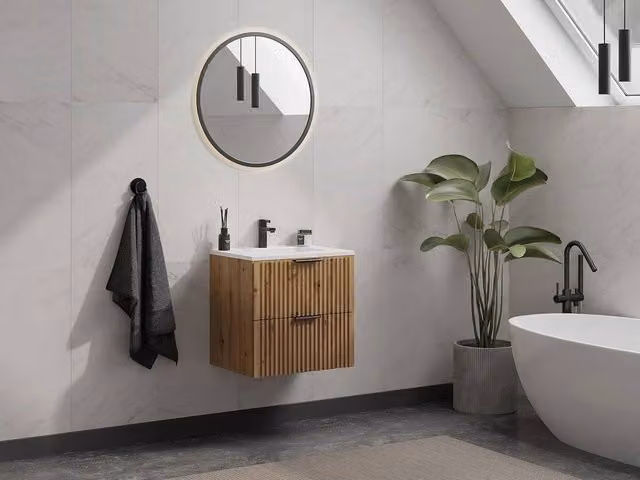 Vente-unique Wall-Mounted Striped Vanity Unit in Light Oak Colour, W: 60 cm, D: 46 cm, H: 57 cm – 1