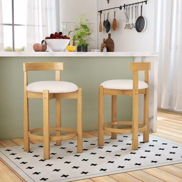 Costway Set of 2 Mid-Century Wooden Counter Height Bar Stools with Padded Fabric Seats and Backrests in Sand Brown