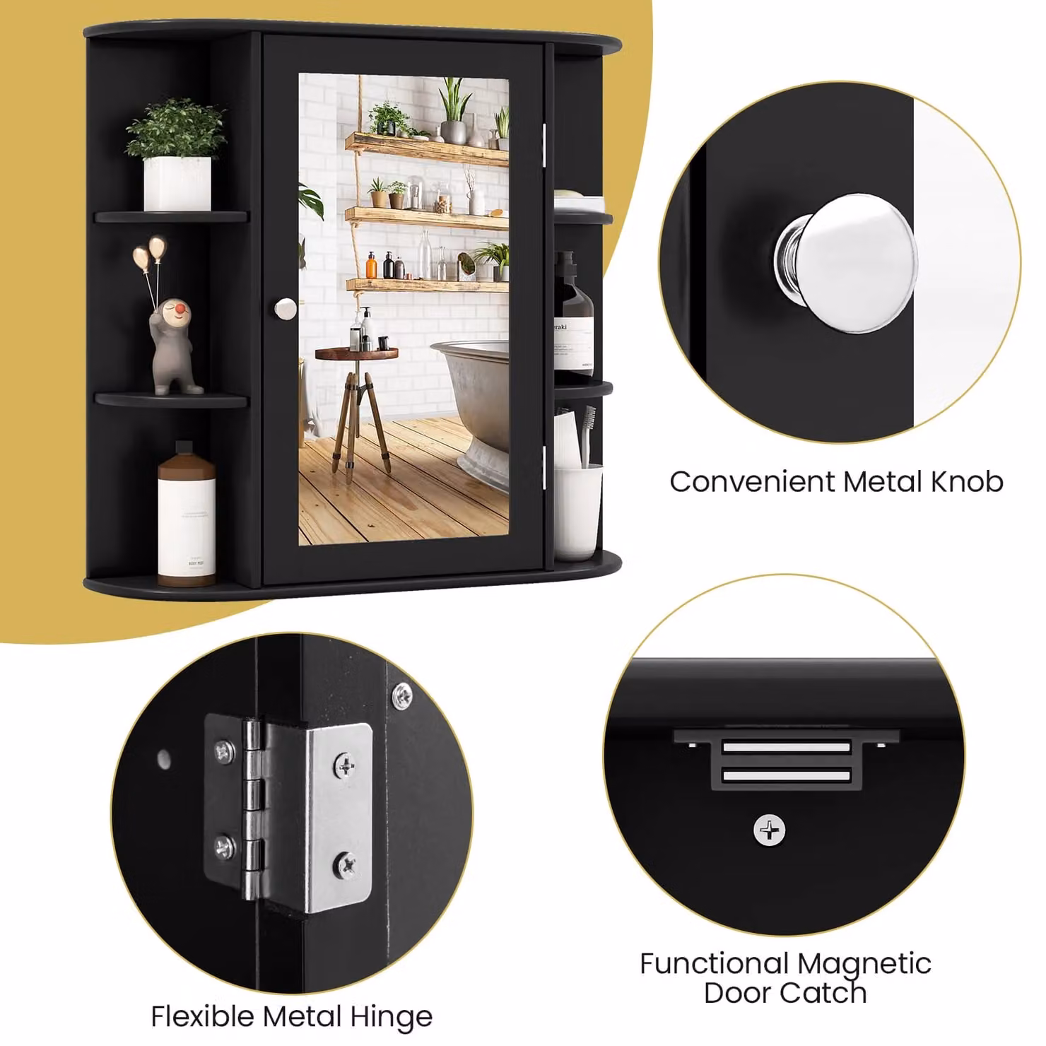 Gymax Black Mirrored Wall Mounted Medicine Cabinet with Adjustable Internal Shelves and Hinged Glass Doors – 6