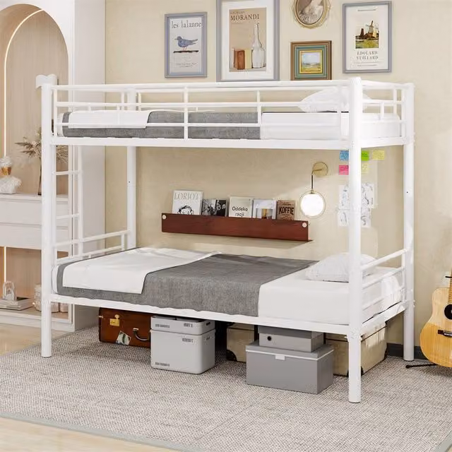 Direct Wicker White Metal Reinforced Double Bunk Bed for Children and Dorms, W/D/H: 140 x 200 cm