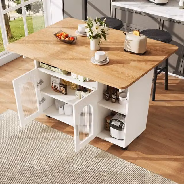 Merax Rolling Kitchen Island with Extendable Dining Table and Fluted Glass Doors, White, W/D/H: 120 x 70 x 79.5 cm – 1