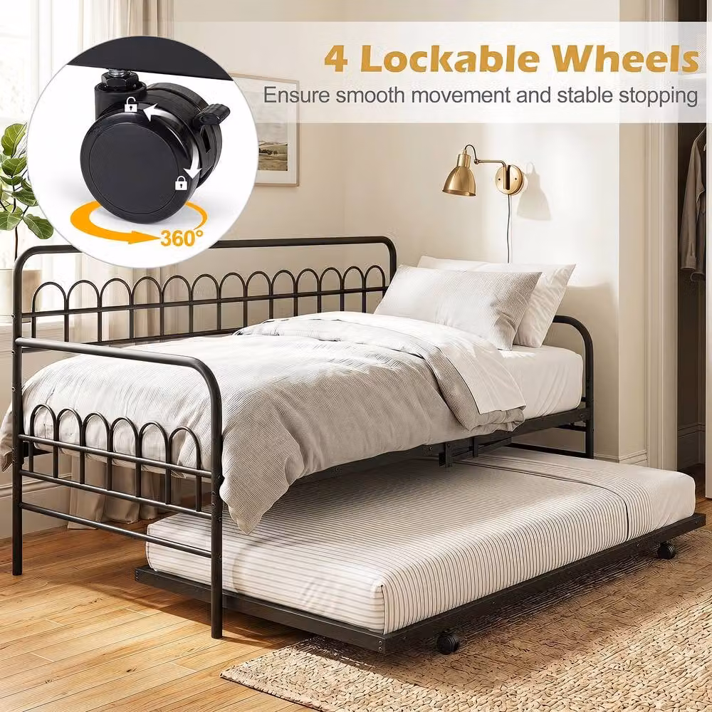 Costway Single Metal Daybed with Trundle and Curved Backrest in Black – 3