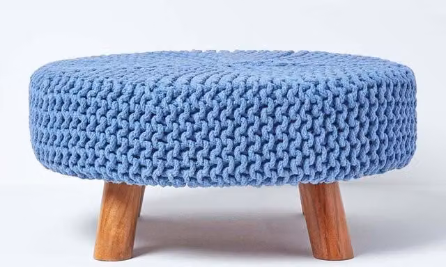 Homescapes Large Round Blue Cotton Knitted Footstool on Wood Legs
