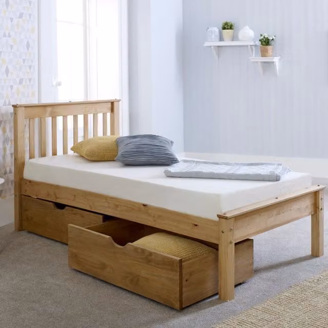 RELAXByAMani Chester Single Pine Wooden Bed in Brown with Drawers, W/D/H: 90 x 190 cm