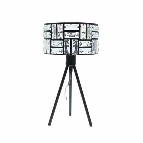 ValueLights Black Tripod Table Lamp with Transparent Acrylic Jewel Drum Lampshade and Included LED Bulb