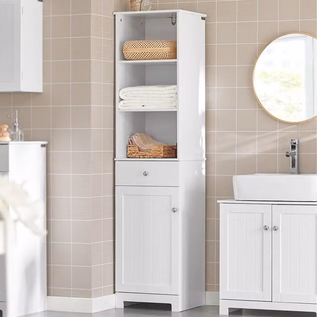 SoBuy Tall White Bathroom Storage Cabinet with Hinged Doors, Internal Shelves and Drawer