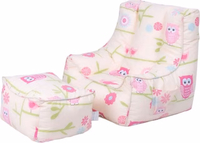 Ready Steady Bed Kids Bean Bag Chair and Footstool Set with Floral Design in Pink