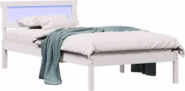 Berkfield Home Modern White Solid Wood Bed with LED Strip Lights and Headboard, W/D/H: 90 x 190 cm – 1