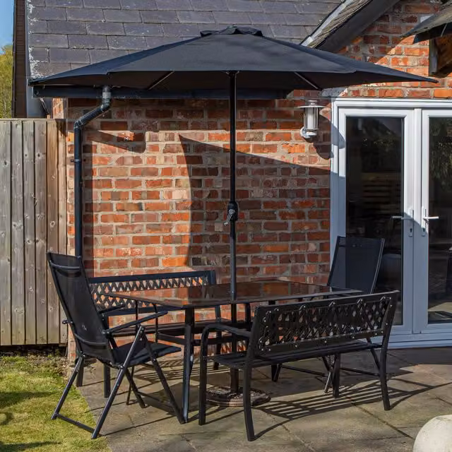 Samuel Alexander 6 Person Black Glossy Glass Top Dining Set with Benches, Chairs, Parasol and Base