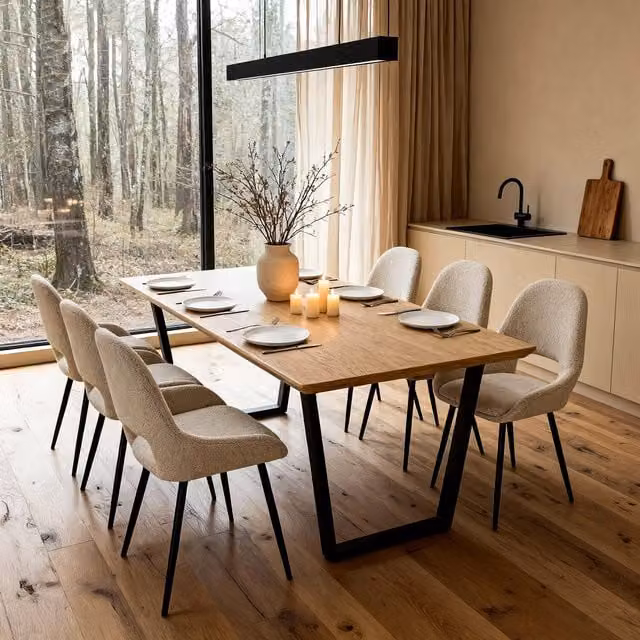 Dorchester Modern Rectangular Dining Table in Oak and Black MDF with Metal Legs