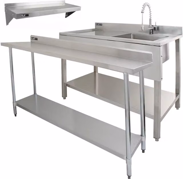 Monstershop 6ft Stainless Steel Catering Bench with Left Hand Sink in Silver, W: 182.88 cm, D: 105.0 cm, H: 82.88 cm
