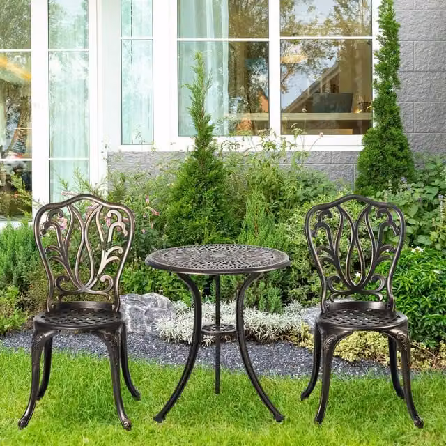 Outsunny 3 Piece Bronze Tone Metal Patio Bistro Set with Umbrella Hole