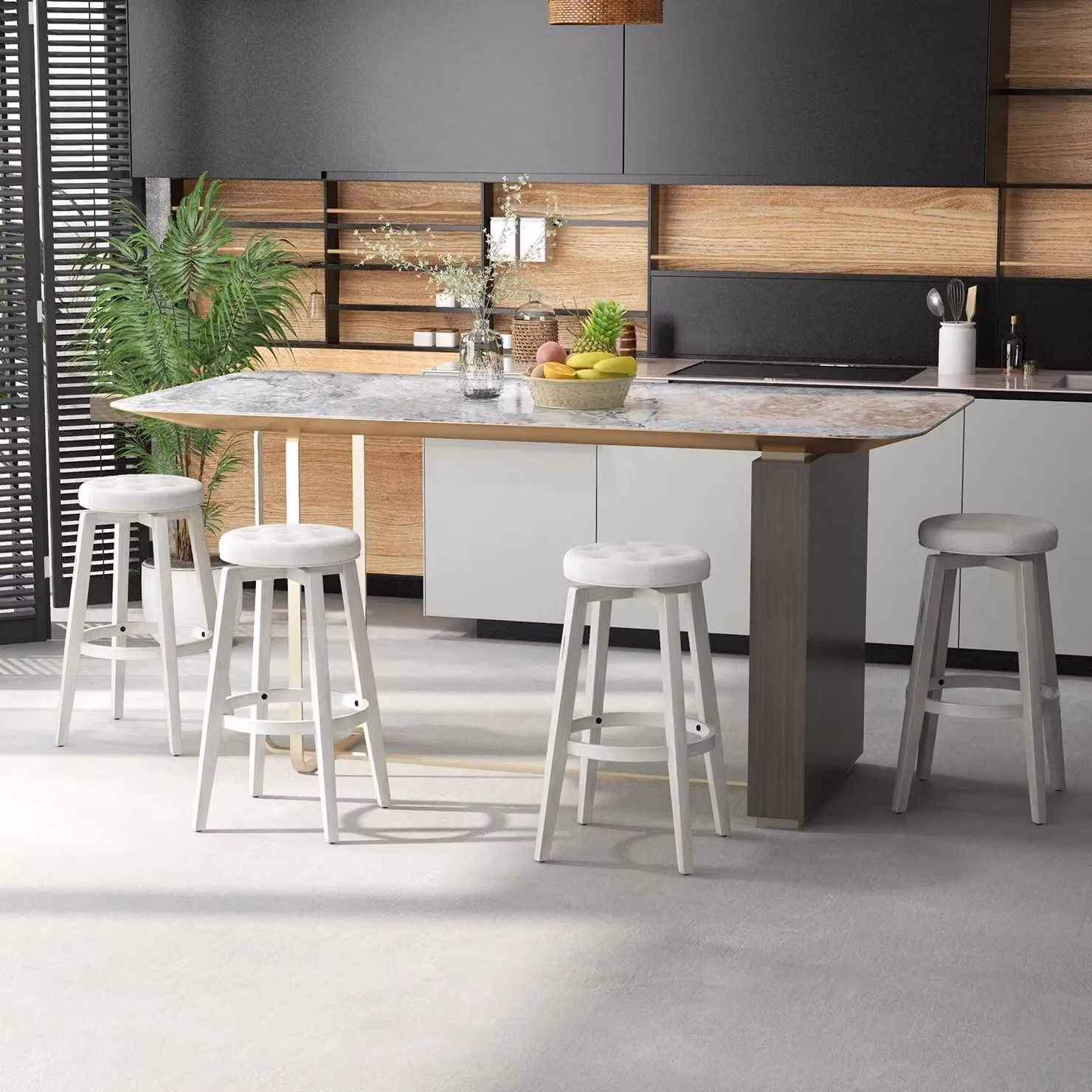 Costway Set of 2 Beige Upholstered Bar Stools with 360 Degree Swivel and Rubberwood Legs – 4