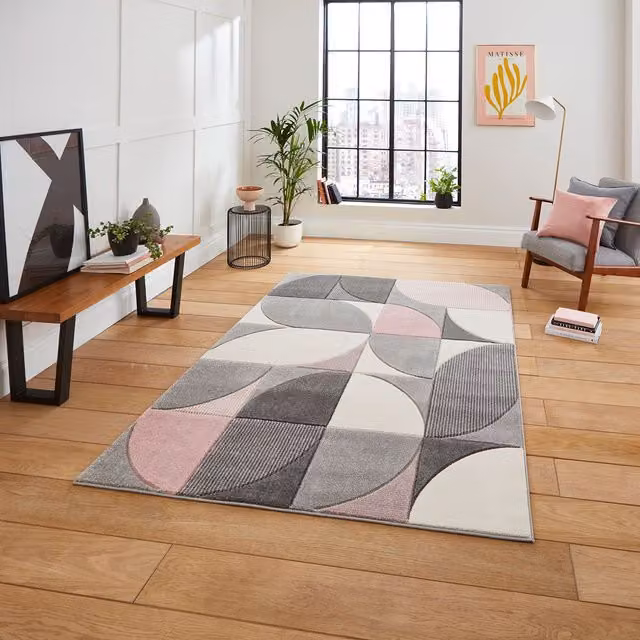 Terrys Modern Geometric Rectangular Rug Grey and Pink W/D/H: 150 x 80 x 1 cm