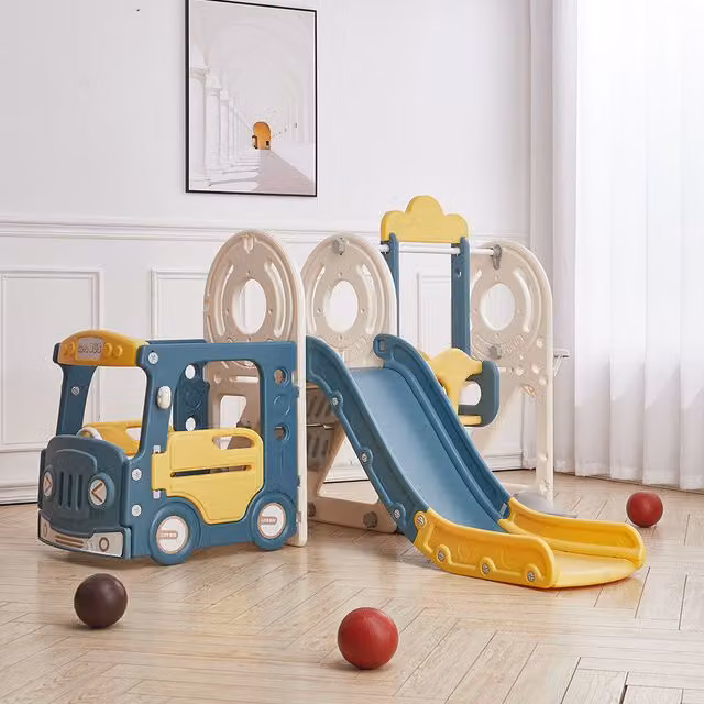 Livingandhome 3 in 1 Smiling Bus Toddler Climber Slide and Swing Set in Blue and Yellow