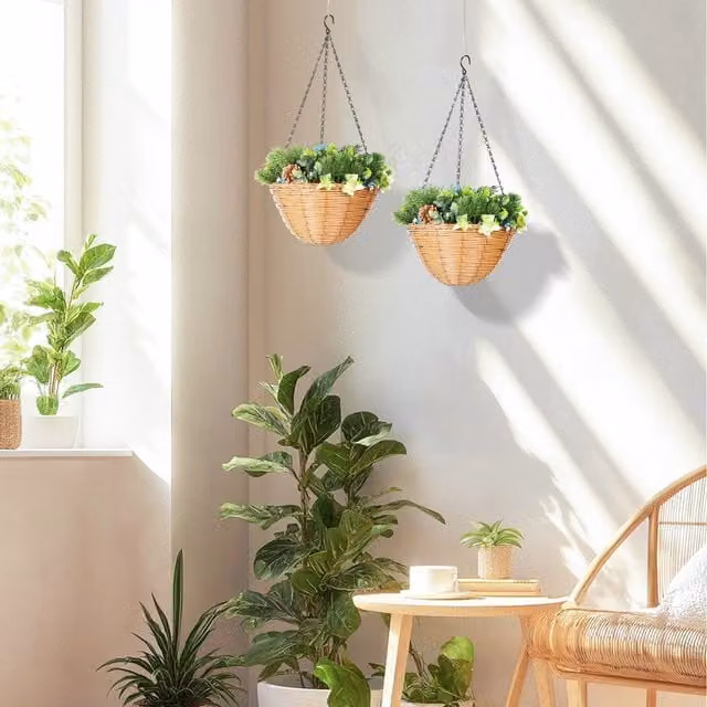 HOMCOM Hanging Floral Arrangement with Mixed Colour Artificial Flowers and PE Leaves in a Round Rattan Basket